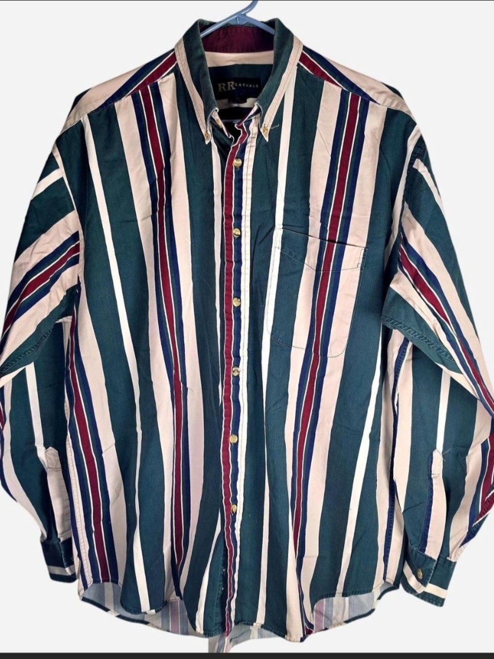 Men's Striped Cotton Shirt Vintage 90s Long Sleeve Button Down XL